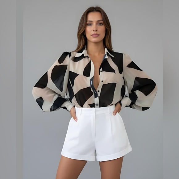 Geo Print Semi Sheer Blouse - Picture 2 of 10